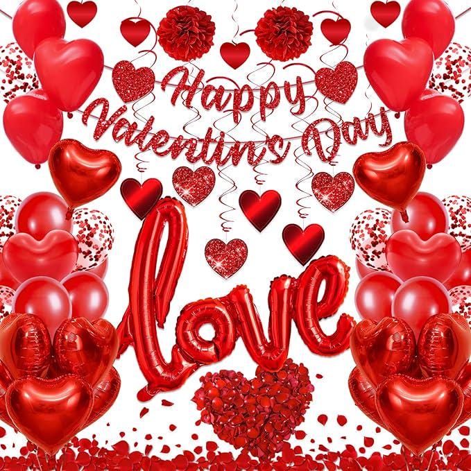 Valentines Day Decorations Red Heart Balloons Rose Petals Hanging Swirls for Wedding