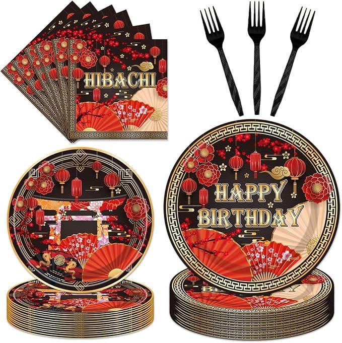 96 Pcs Hibachi Plates Napkins Japanese Style Disposable Tableware For 24 Guests