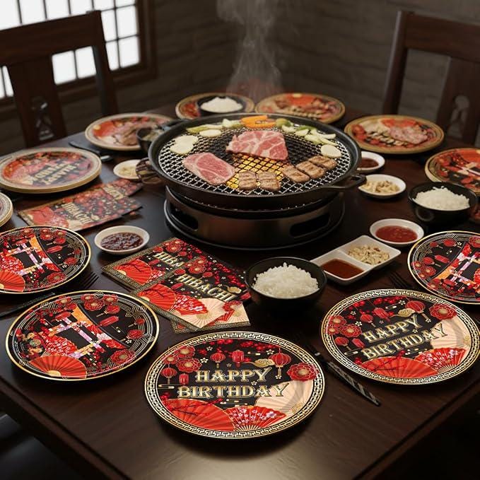 96 Pcs Hibachi Plates Napkins Japanese Style Disposable Tableware For 24 Guests