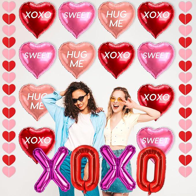18 Pcs Valentines Galentines Day Balloons XOXO Letters Love Foil Heart Garlands Wedding Party