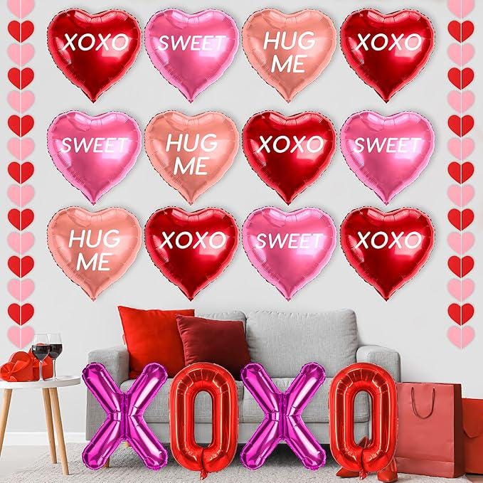 18 Pcs Valentines Galentines Day Balloons XOXO Letters Love Foil Heart Garlands Wedding Party