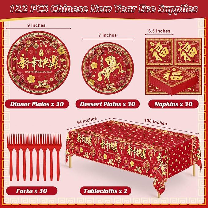 122 Pcs Chinese New Year 2026 Disposable Plates Napkins Forks Tableware For Party