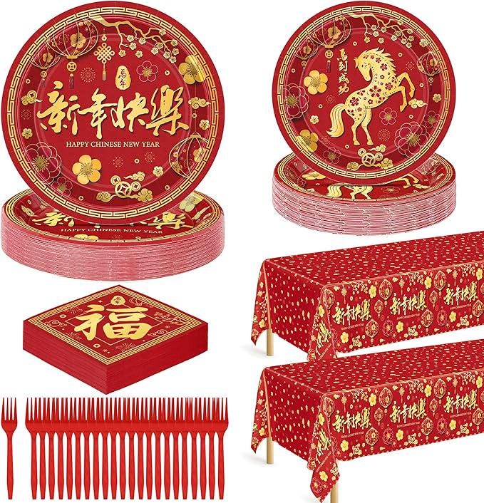 122 Pcs Chinese New Year 2026 Disposable Plates Napkins Forks Tableware For Party