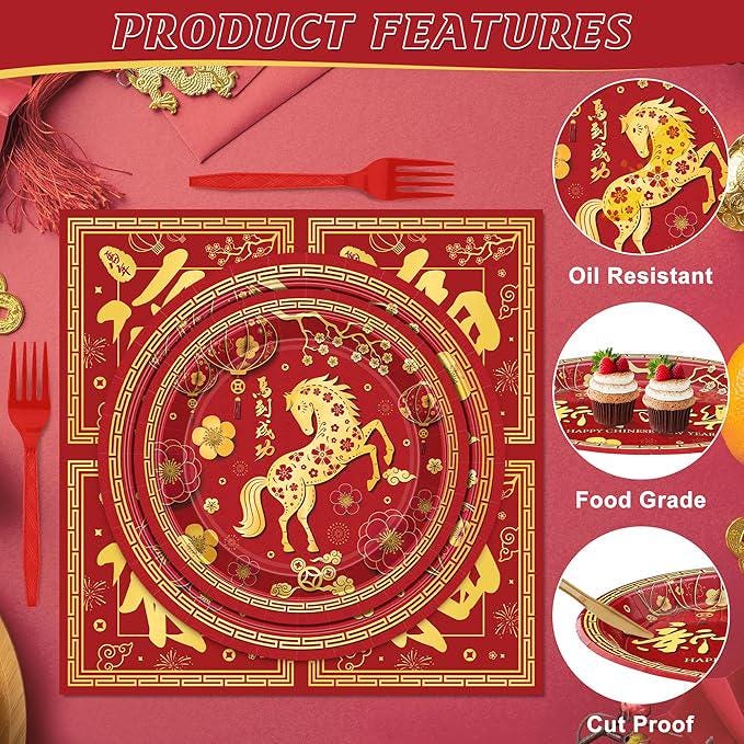 122 Pcs Chinese New Year 2026 Disposable Plates Napkins Forks Tableware For Party