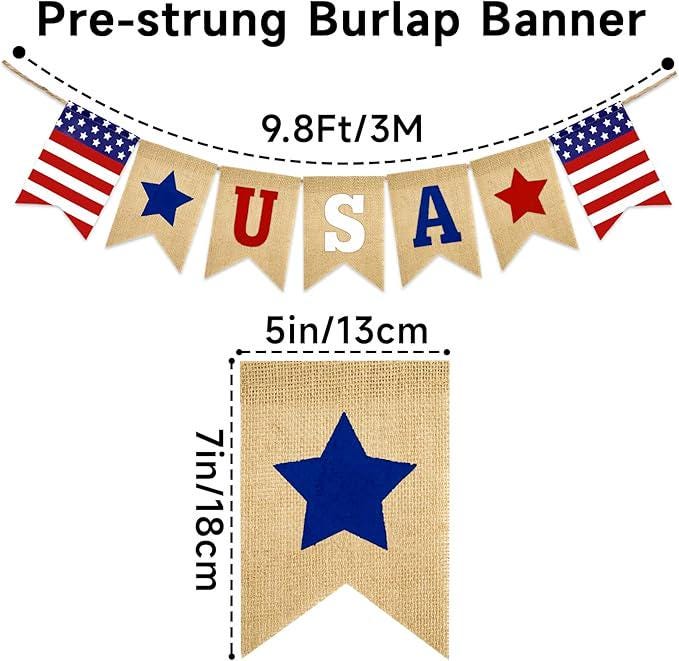 USA Burlap Banner 9.8FT Red White Blue Patriotic Garland President Day Party Decor