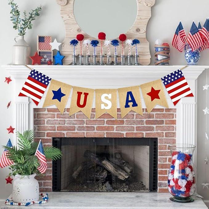USA Burlap Banner 9.8FT Red White Blue Patriotic Garland President Day Party Decor