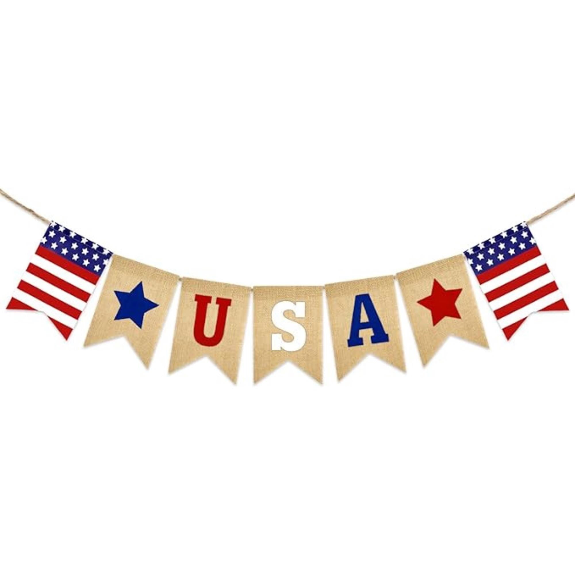 USA Burlap Banner 9.8FT Red White Blue Patriotic Garland President Day Party Decor