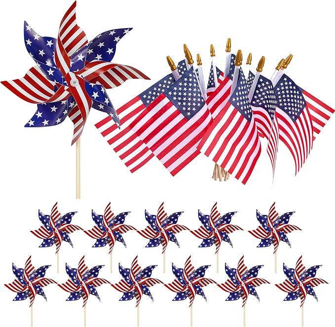 American Flags Patriotic Pinwheels 24 Pack Small USA Flags On Stick President Day Party