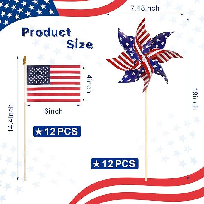 American Flags Patriotic Pinwheels 24 Pack Small USA Flags On Stick President Day Party