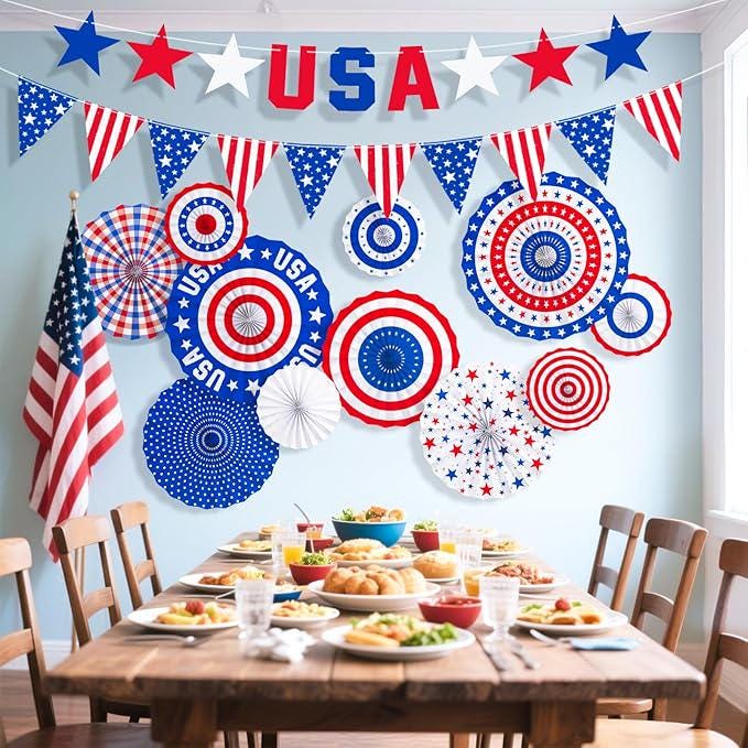 President Day Patriotic Decorations Set Red White Blue Paper Fans USA Banner Memorial Day