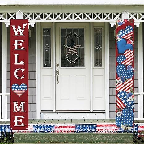 Patriotic President Day Welcome Porch Banner America Stars Stripes Memorial Day Front Door Decor