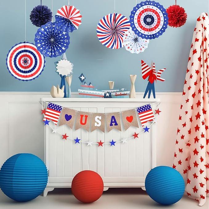 Patriotic Decor Set: USA Banner, Red White Blue Fans, Pom Poms