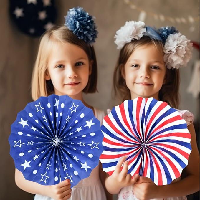 Patriotic Decor Set: USA Banner, Red White Blue Fans, Pom Poms