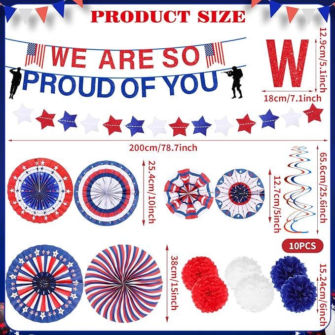 Patriotic Decor Set: 'Proud of You' Banner, Red White Blue Fans, Pom Poms