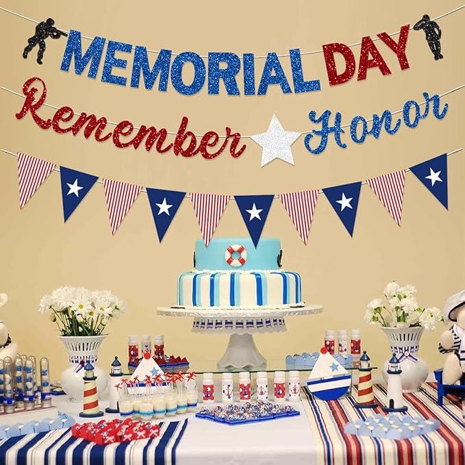 Pre Strung Memorial Day Banner Decorations Glitter Red Blue Silver Patriotic President Day Garland