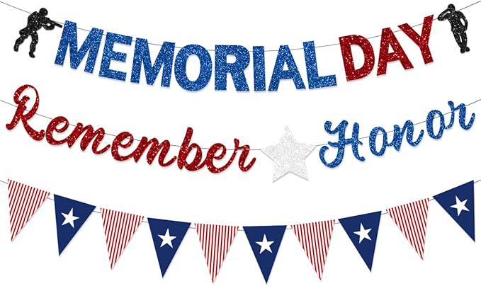 Pre Strung Memorial Day Banner Decorations Glitter Red Blue Silver Patriotic President Day Garland