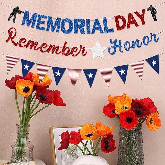 Pre Strung Memorial Day Banner Decorations Glitter Red Blue Silver Patriotic President Day Garland