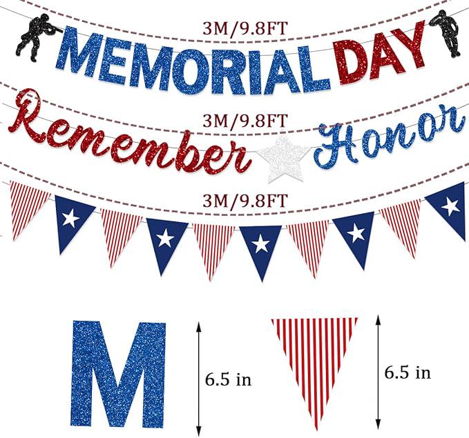 Pre Strung Memorial Day Banner Decorations Glitter Red Blue Silver Patriotic President Day Garland