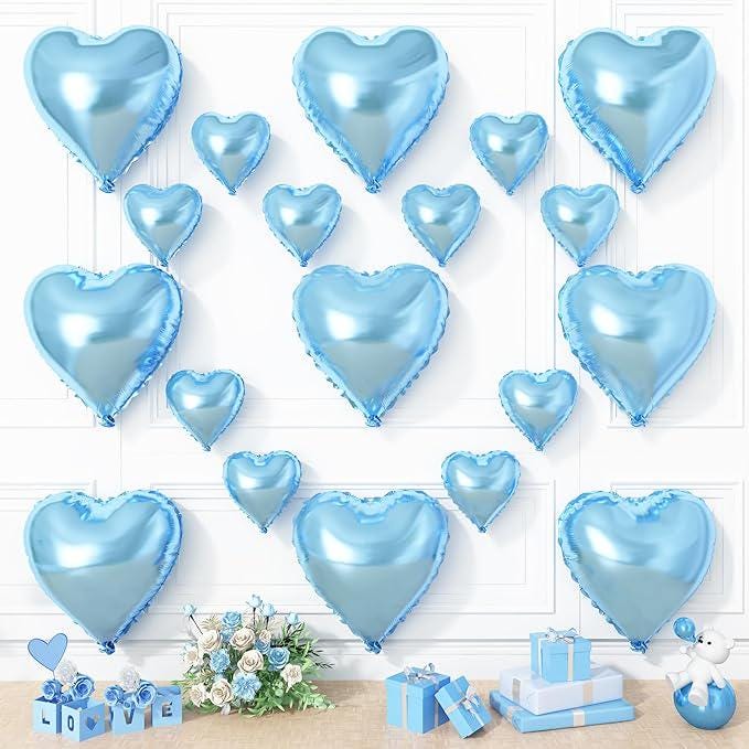 19 Pcs Blue Heart Balloons 18 Inch and 10 Inch Foil Love Balloons for Birthday Wedding Party
