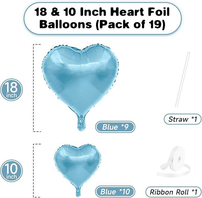 19 Pcs Blue Heart Balloons 18 Inch and 10 Inch Foil Love Balloons for Birthday Wedding Party