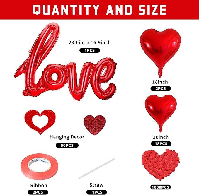 Valentines Day Party Set 36 Inch Love Foil Balloon 18 Inch Heart Balloons 1000 Rose Petals