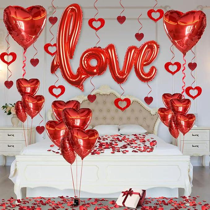 Valentines Day Party Set 36 Inch Love Foil Balloon 18 Inch Heart Balloons 1000 Rose Petals