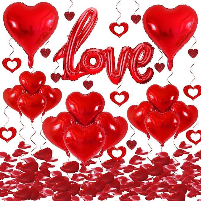 Valentines Day Party Set 36 Inch Love Foil Balloon 18 Inch Heart Balloons 1000 Rose Petals