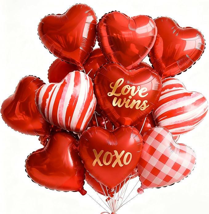15 Pcs 18 Inch Red Love XOXO Heart Balloons Set for Valentines Day Wedding Party Decor