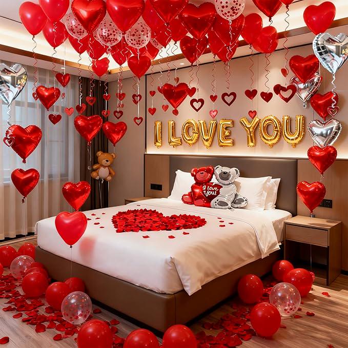 54 Pcs I Love You Heart Balloons with 1000 Silk Rose Petals and Bear for Valentines Day Wedding Party