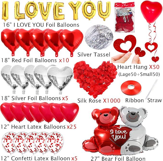 54 Pcs I Love You Heart Balloons with 1000 Silk Rose Petals and Bear for Valentines Day Wedding Party
