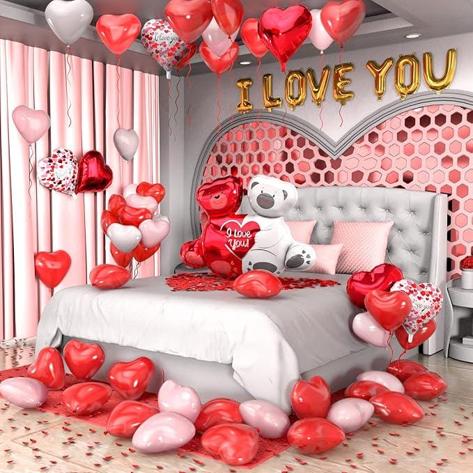 Valentines Day Balloons Kit I Love You Love Bear Red Heart Balloons with 500 Rose Petals