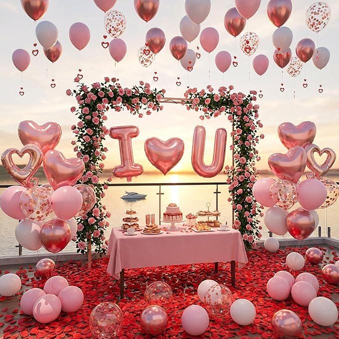 87 Pcs I Love You Balloon Kit Light Pink White Rose Gold Hearts with 400 Red Rose Petals for Valentines Party