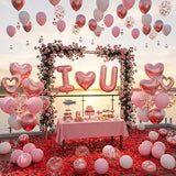 87 Pcs I Love You Balloon Kit Light Pink White Rose Gold Hearts with 400 Red Rose Petals for Valentines Party