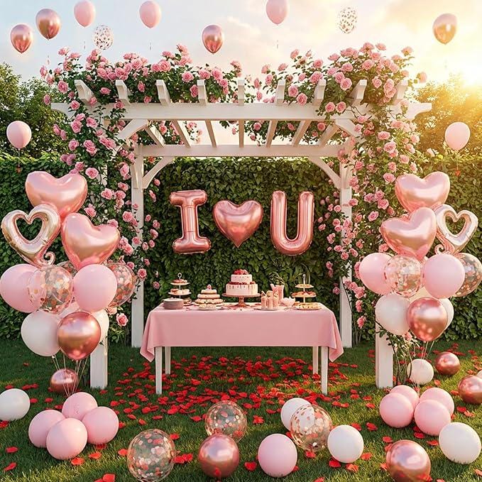 87 Pcs I Love You Balloon Kit Light Pink White Rose Gold Hearts with 400 Red Rose Petals for Valentines Party