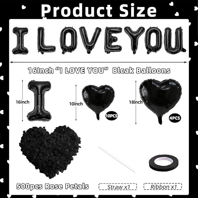 I Love You Heart Balloons with 500 Black Rose Petals Black Foil Love Balloons for Valentines Party