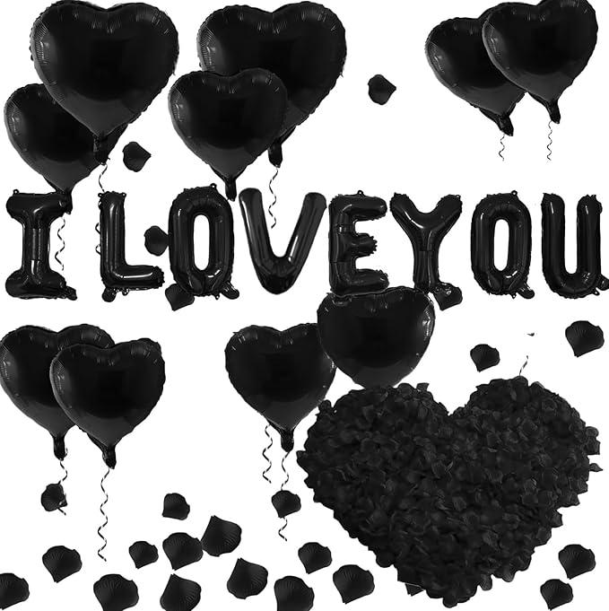 I Love You Heart Balloons with 500 Black Rose Petals Black Foil Love Balloons for Valentines Party