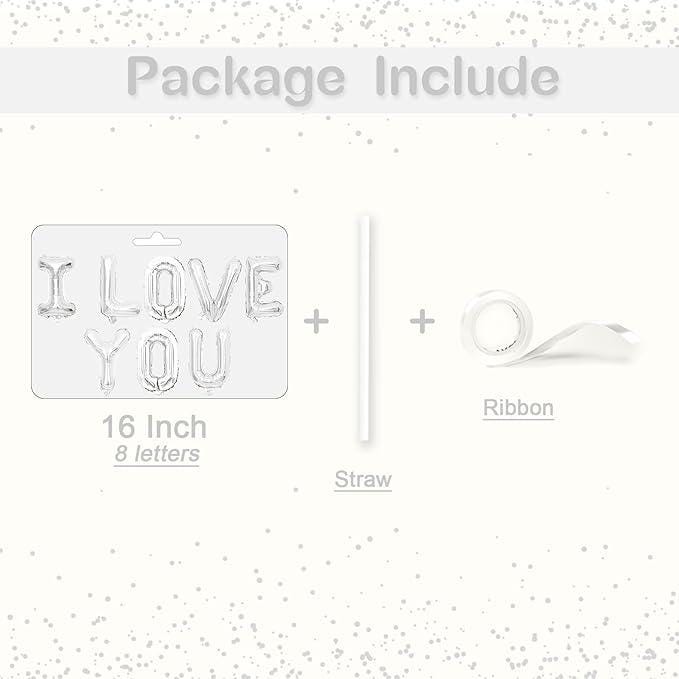 16 Inch I Love You Silver Foil Balloons with Banner Letters for Valentines Day Wedding Party