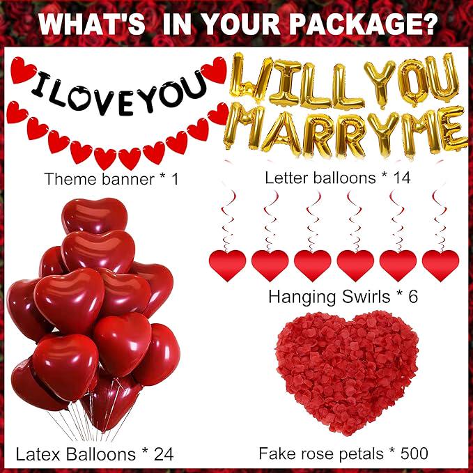 545 Pcs Gold Will You Marry Me Balloons Heart Foil I Love You Banner with Rose Petals for Engagement Wedding