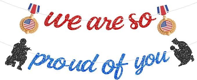 Military Going Away Banner Gold Glitter Proud Patriotic Soldier Veterans Day Decor 2PCS