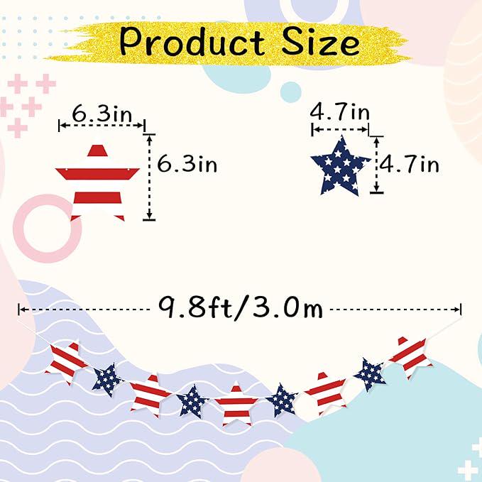 Patriotic Star Garland Banner Red White Blue Stars Presidents Day Holiday Hanging Decor