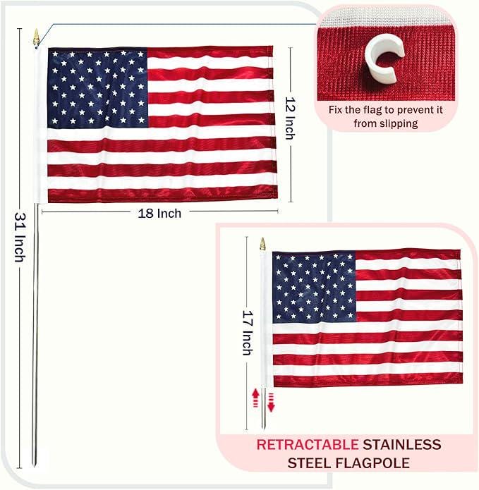 6 Pack Small American Flags on Stick 12x18 Inch Handheld Presidents Day Decor