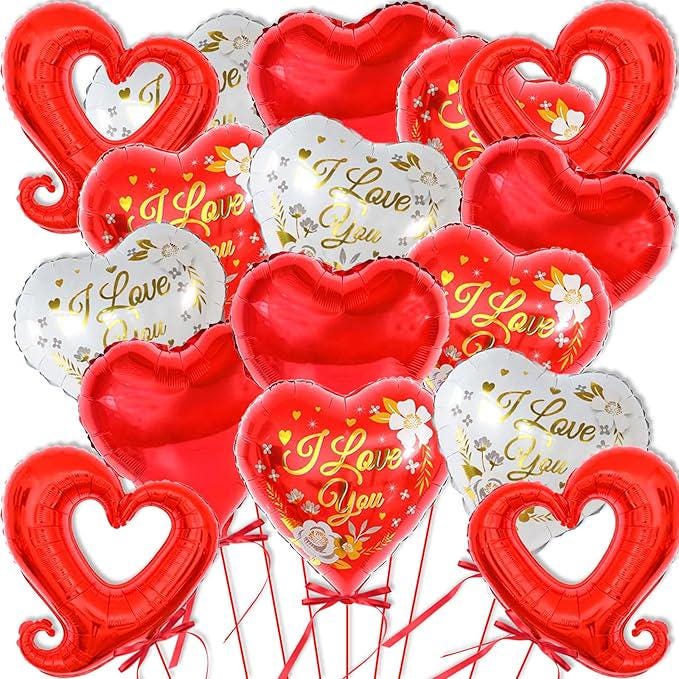 Valentine Balloons Red White I Love You 18 Inch 16 Pcs Heart Party Decor