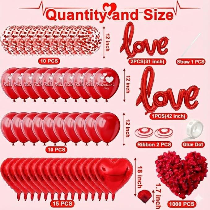 Valentines Day Decorations 50 Pcs Romantic Set Love Balloons Rose Petals Proposal Decor