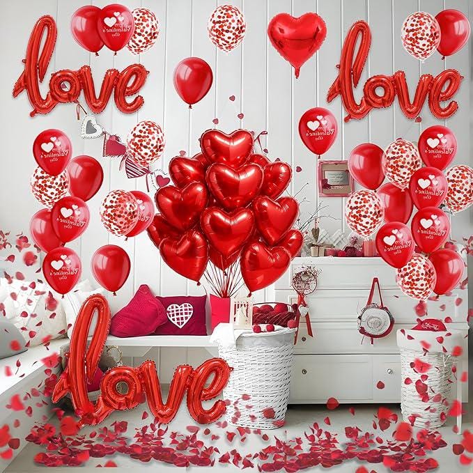 Valentines Day Decorations 50 Pcs Romantic Set Love Balloons Rose Petals Proposal Decor