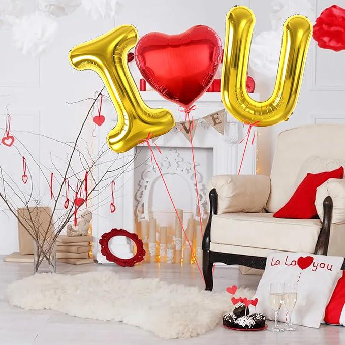 I Love You Balloons Red Heart Gold Love Letter Valentines Day Party Decor