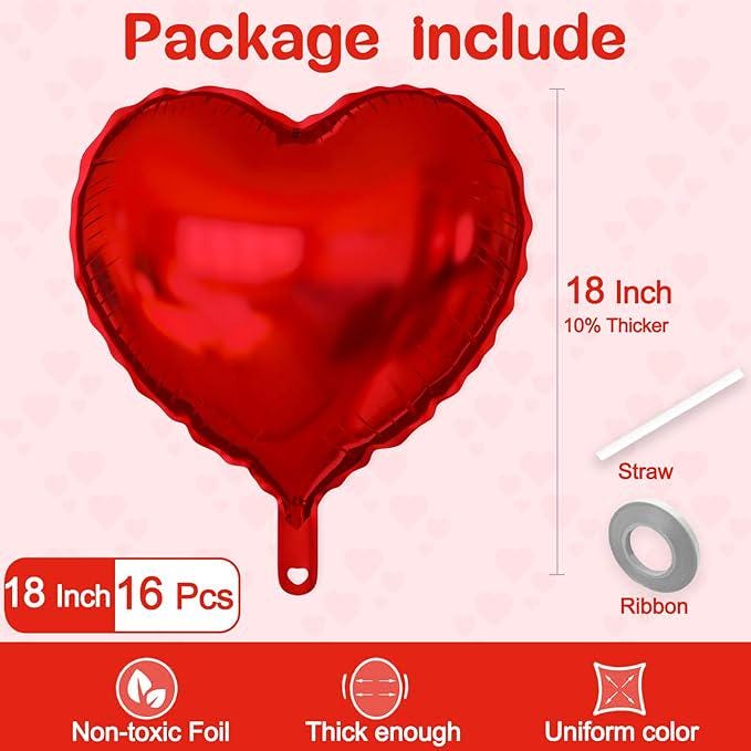 16 Pcs Red Heart Balloons 18 Inch Foil Love Valentines Wedding Party Decor