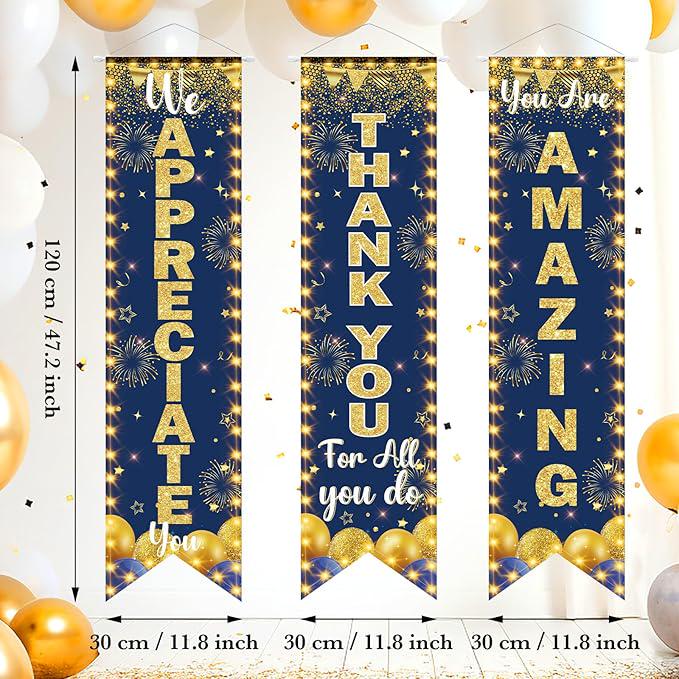 3PCS Blue Gold We Appreciate You Banner Thank You Appreciation Party Decoration