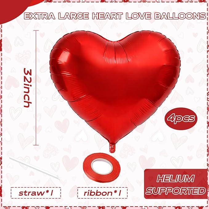 4 Pcs 32 Inch Red Heart Foil Balloons Valentines Wedding Anniversary Party Decor
