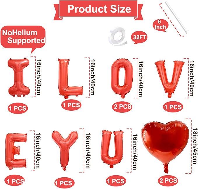 16 Inch Red I Love You Balloon Banner Mylar Letters Hearts Valentines Anniversary Party Decor