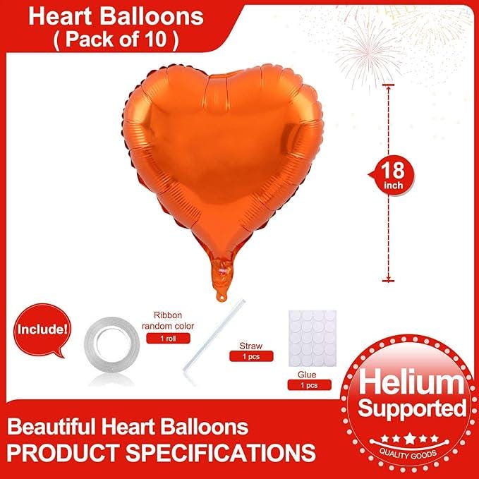 10 Pcs Orange Heart Foil Balloons 18 Inch Love Valentines Wedding Party Decor